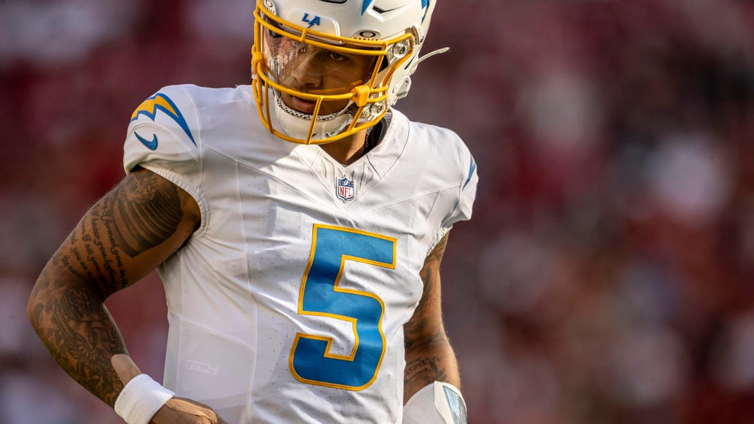 Los Angeles Chargers quarterback Trey Lance (5) is seen during the first quarter of a NFL preseason game against the San Francisco 49ers in Santa Clara, Calif., Saturday, Aug. 23, 2025.