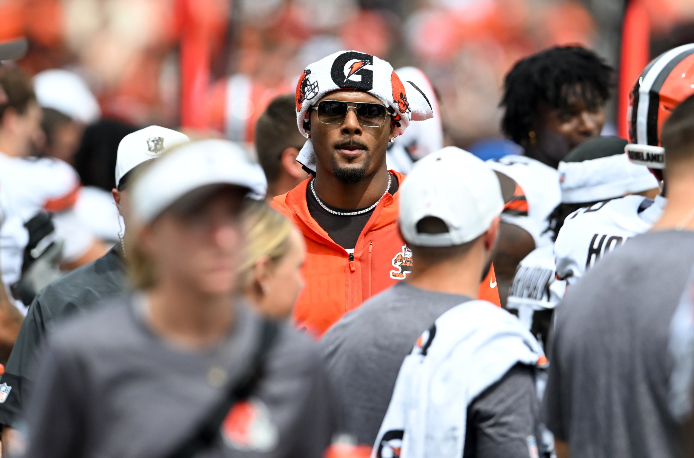 CLEVELAND, OHIO - AUGUST 23: Deshaun Watson #4 of the Cleveland Browns looks on during the third quarter of an NFL Preseason 2025 game against the Los Angeles Rams at Huntington Bank Field on August 23, 2025 in Cleveland, Ohio. (Photo by Nick Cammett/Diamond Images via Getty Images)