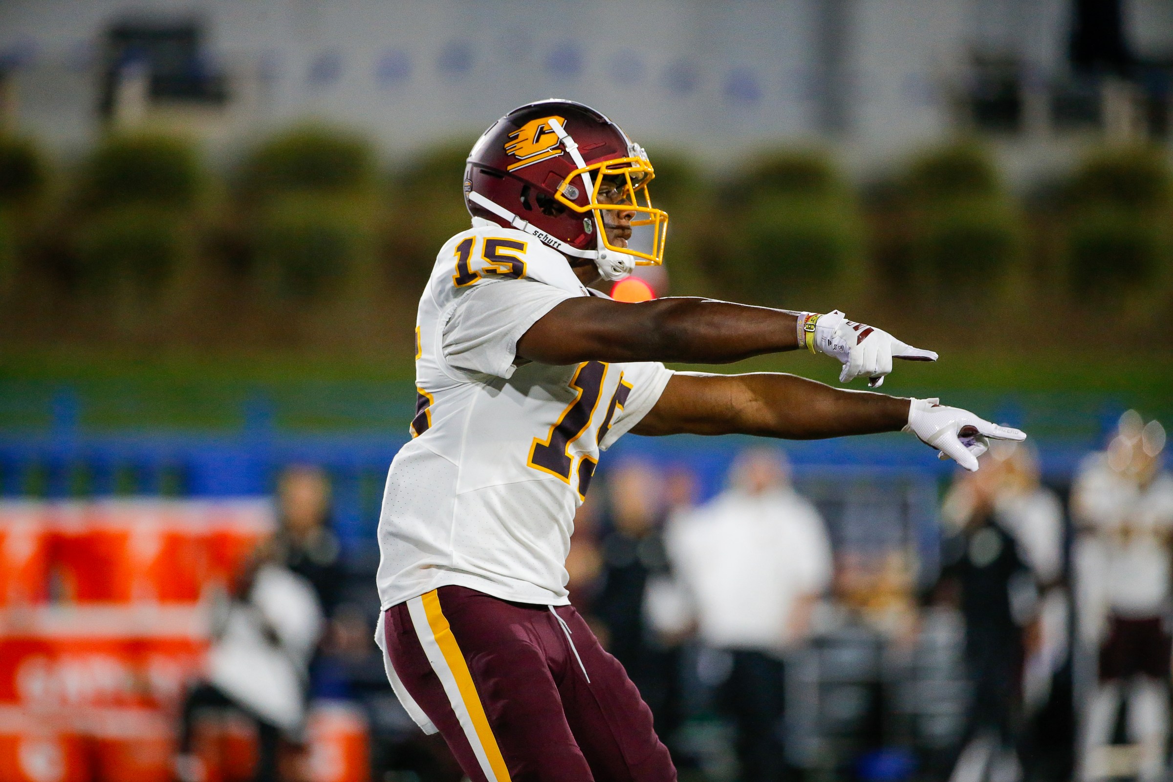 SAN JOSE, CA - AUGUST 29: Central Michigan Chippewas DB Caleb Spann (15) points to where the ball should be placed in the game between the Central Michigan Chippawas and the San Jose State Spartans on August 29, 2025 at CEFCU Stadium in San Jose, CA. (Photo by Larry Placido/Icon Sportswire via Getty Images)