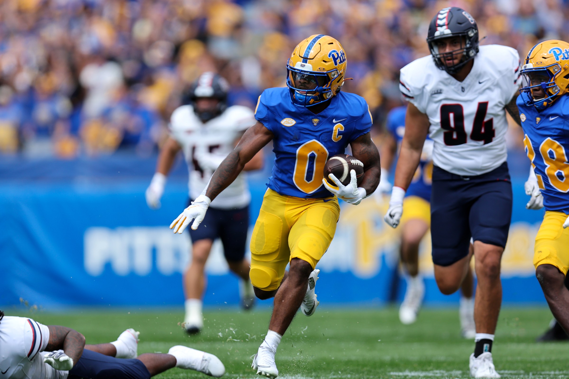 PITTSBURGH, PA - AUGUST 30: Pittsburgh Panthers running back Desmond Reid (0) returns a punt 88-yards for a touchdown during the first quarter off the college football game between the Duquesne Dukes and Pittsburgh Panthers on August 30, 2025, at Acrisure Stadium in Pittsburgh, PA. (Photo by Frank Jansky/Icon Sportswire via Getty Images)