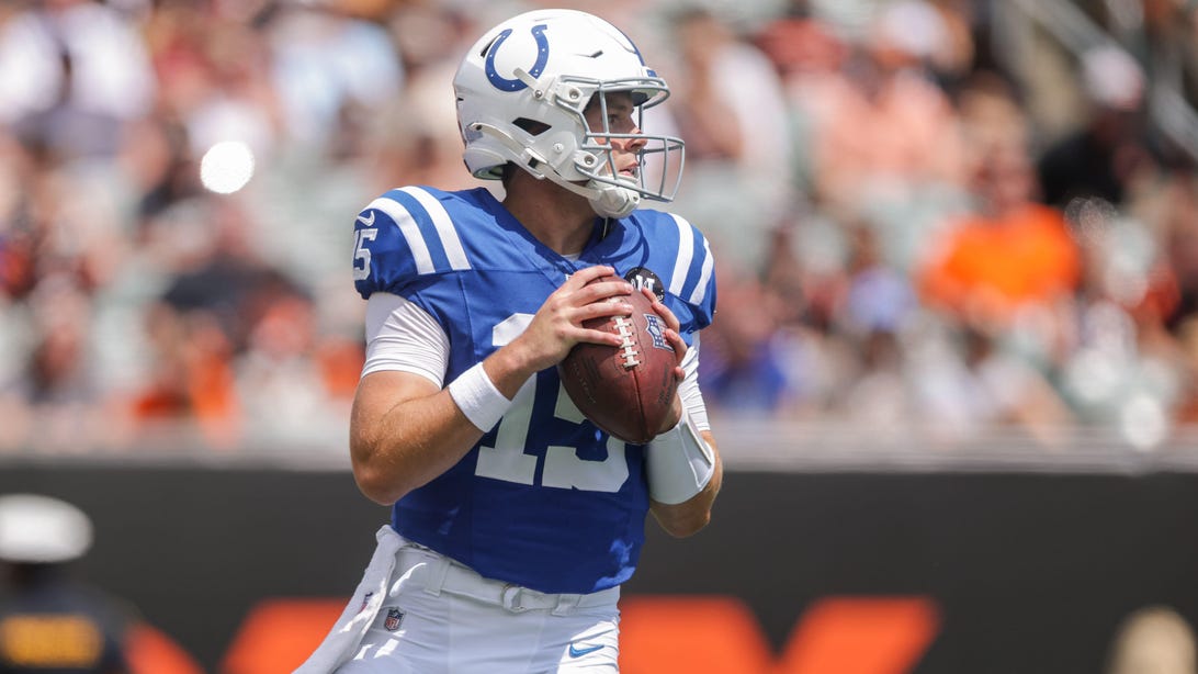 CINCINNATI, OHIO - AUGUST 23: Riley Leonard #15 of the Indianapolis Colts drops back to pass during the NFL Preseason 2025 game between Indianapolis Colts and Cincinnati Bengals at Paycor Stadium on August 23, 2025 in Cincinnati, Ohio.