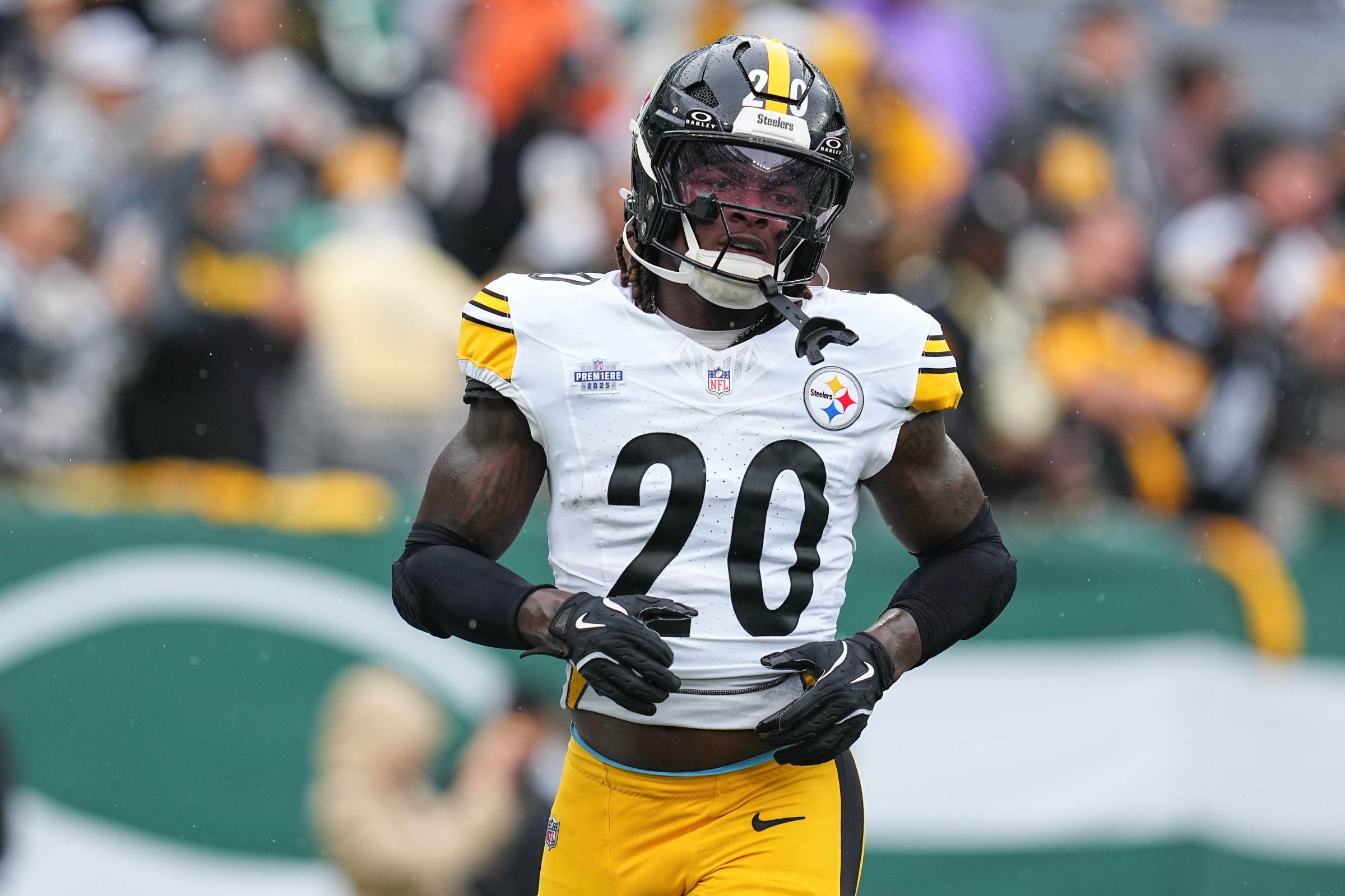 EAST RUTHERFORD, NEW JERSEY - SEPTEMBER 07: Kaleb Johnson #20 of the Pittsburgh Steelers looks on during the game against the New York Jets at MetLife Stadium on September 07, 2025 in East Rutherford, New Jersey. (Photo by Mitchell Leff/Getty Images)