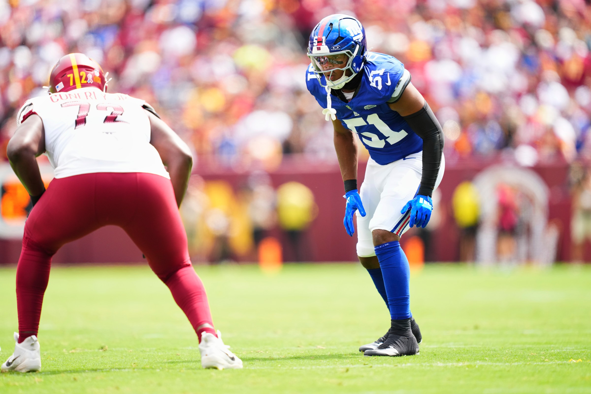 LANDOVER, MD - SEPTEMBER 07: Abdul Carter #51 of the New York Giants lines up against the Washington Commanders during an NFL football game at Northwest Stadium on September 7, 2025 in Landover, Maryland. (Photo by Cooper Neill/Getty Images)