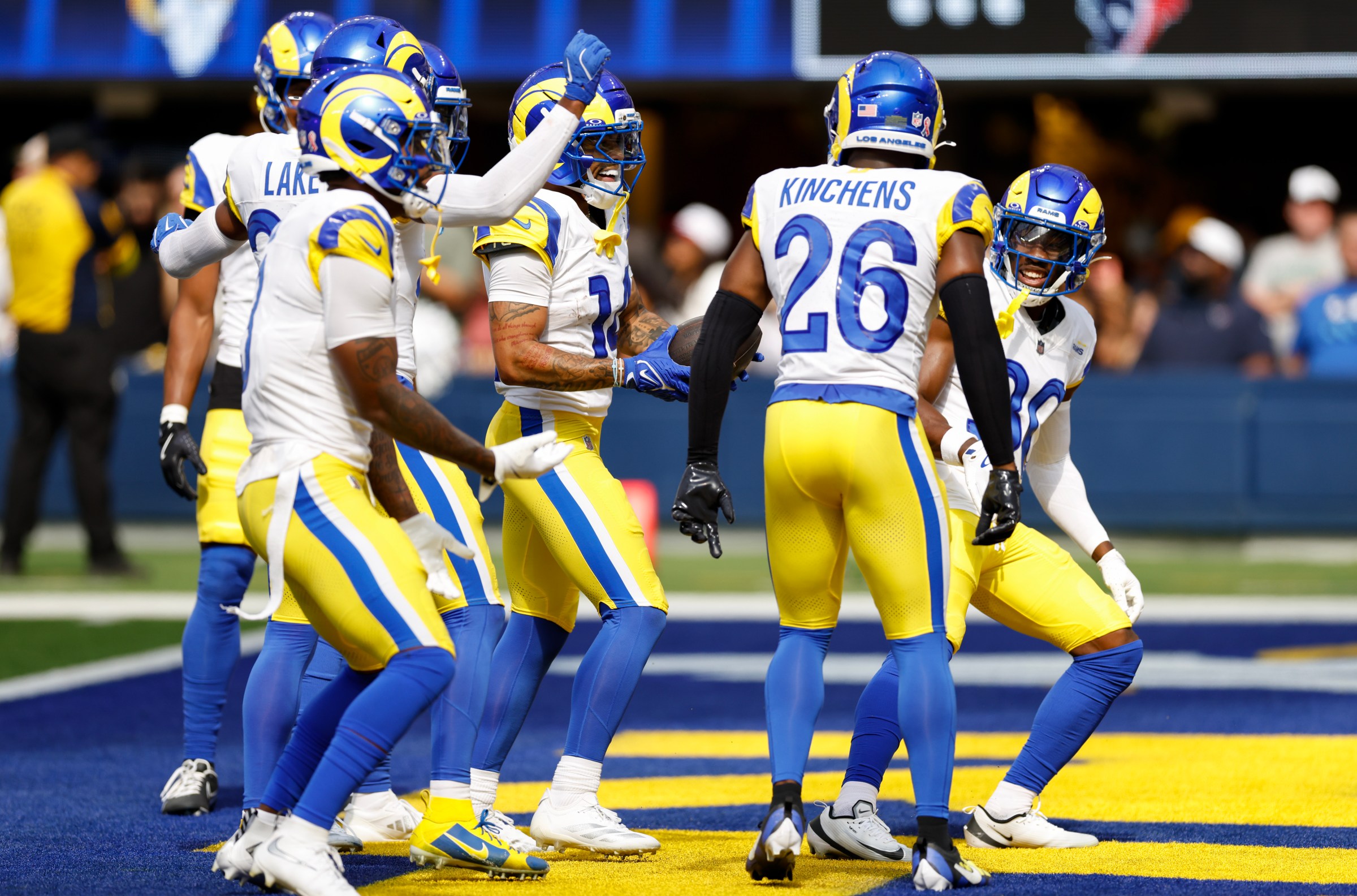 INGLEWOOD, CALIFORNIA - SEPTEMBER 07: Cobie Durant #14 of the Los Angeles Rams celebrates an interception during the third quarter against the Houston Texans at SoFi Stadium on September 07, 2025 in Inglewood, California. (Photo by Ronald Martinez/Getty Images)
