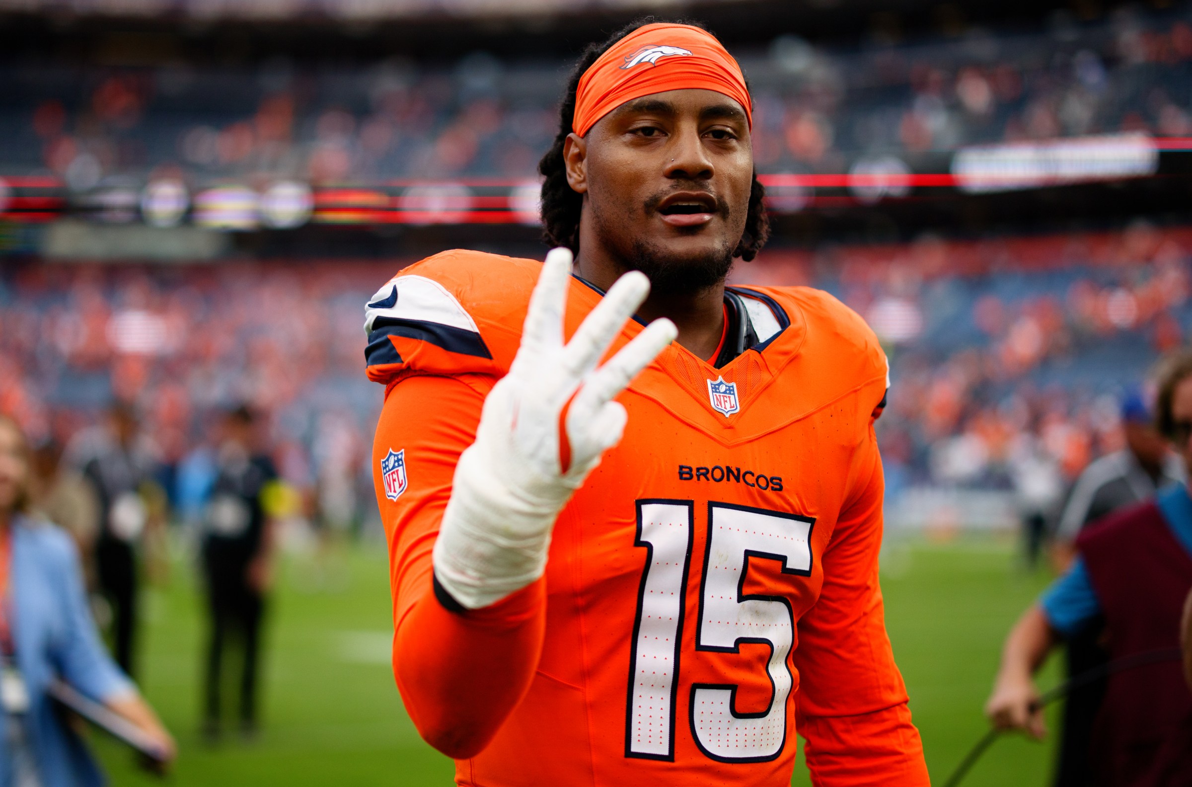 DENVER, CO - SEPTEMBER 7: Nik Bonitto #15 of the Denver Broncos celebrates after the 20-12 win against the Tennessee Titans at Empower Field at Mile High on September 7, 2025 in Denver, Colorado. (Photo by Justin Edmonds/Getty Images)