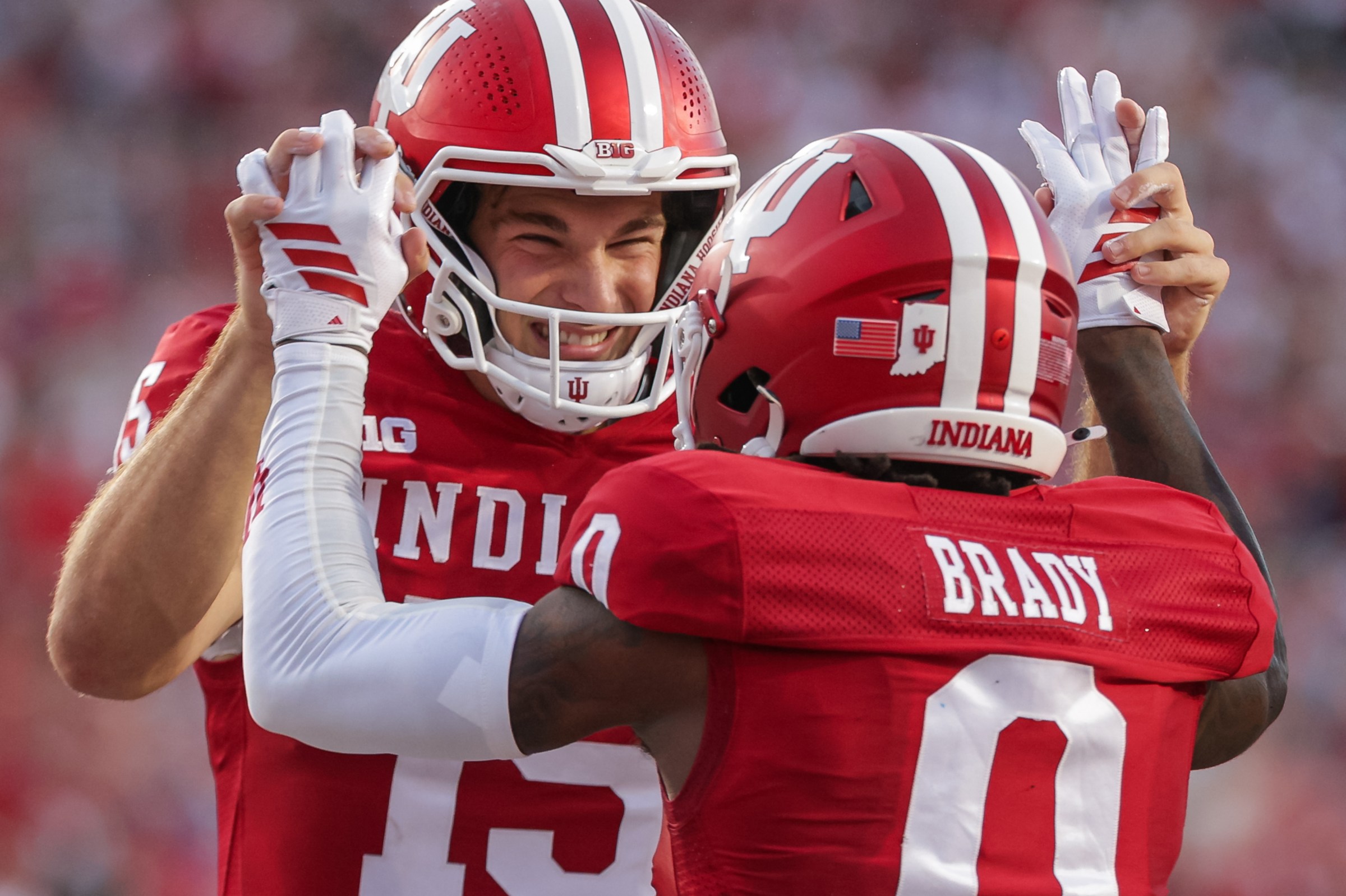BLOOMINGTON, INDIANA - SEPTEMBER 12: Fernando Mendoza #15 and Jonathan Brady #0 of the Indiana Hoosiers celebrate after a touchdown during the first half of the NCAA game between the Indiana State Sycamores and Indiana Hoosiers at Memorial Stadium on September 12, 2025 in Bloomington, Indiana. (Photo by Michael Hickey/Getty Images)