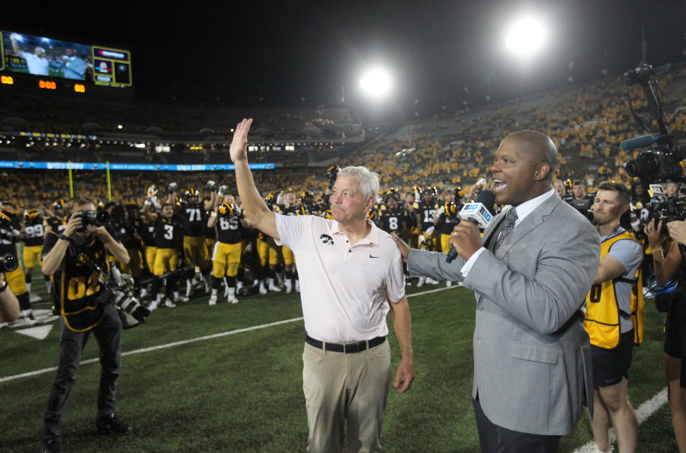 IOWA CITY, IA - SEPTEMBER 13: Head coach Kirk Ferentz of the Iowa Hawkeyes waves to the crowd following the match-up against the Massachusetts Minutemen on September 13, 2025 at Kinnick Stadium, in Iowa City, Iowa. With the win, Ferentz becomes the all time winningest coach in the Big 10 Conference. (Photo by Matthew Holst/Getty Images)