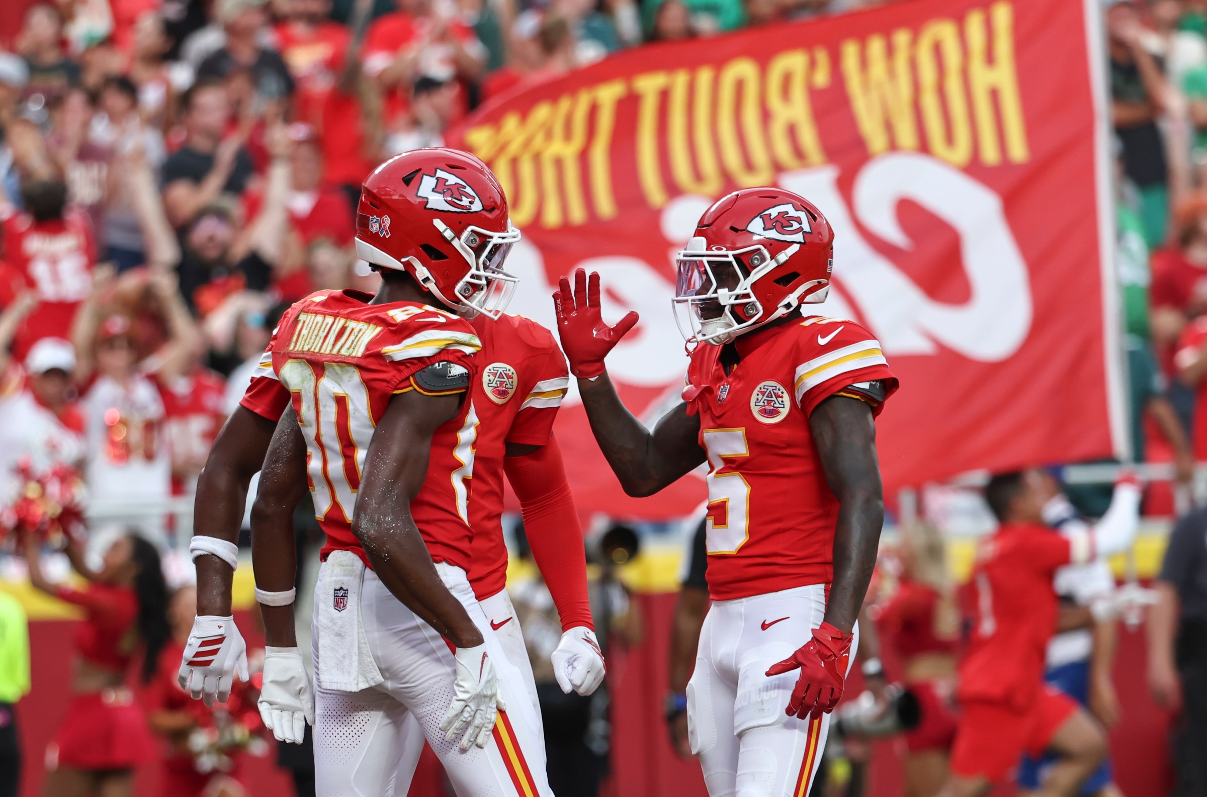 KANSAS CITY, MO - SEPTEMBER 14: Kansas City Chiefs wide receiver Hollywood Brown (5) congratulates wide receiver Tyquan Thornton (80) after his 49-yard touchdown reception in the fourth quarter of an NFL game between the Philadelphia Eagles and Kansas City Chiefs on September 14, 2025 at GEHA Field at Arrowhead Stadium in Kansas City, MO. (Photo by Scott Winters/Icon Sportswire via Getty Images)