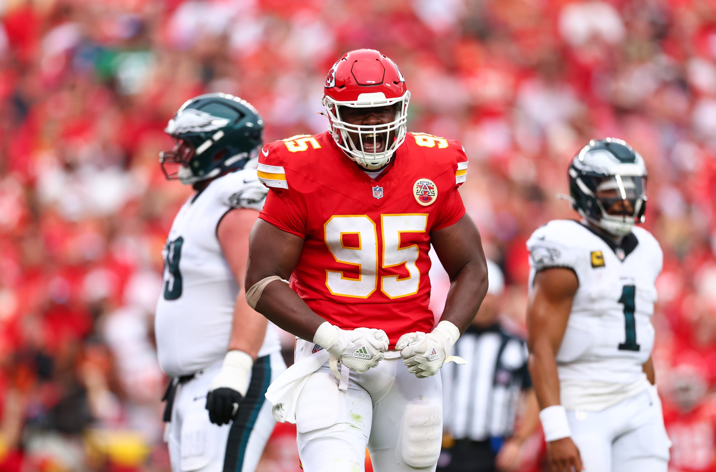 KANSAS CITY, MISSOURI - SEPTEMBER 14: Chris Jones #95 of the Kansas City Chiefs reacts during the fourth quarter against the Philadelphia Eagles at Arrowhead Stadium on September 14, 2025 in Kansas City, Missouri. (Photo by Kevin Sabitus/Getty Images)