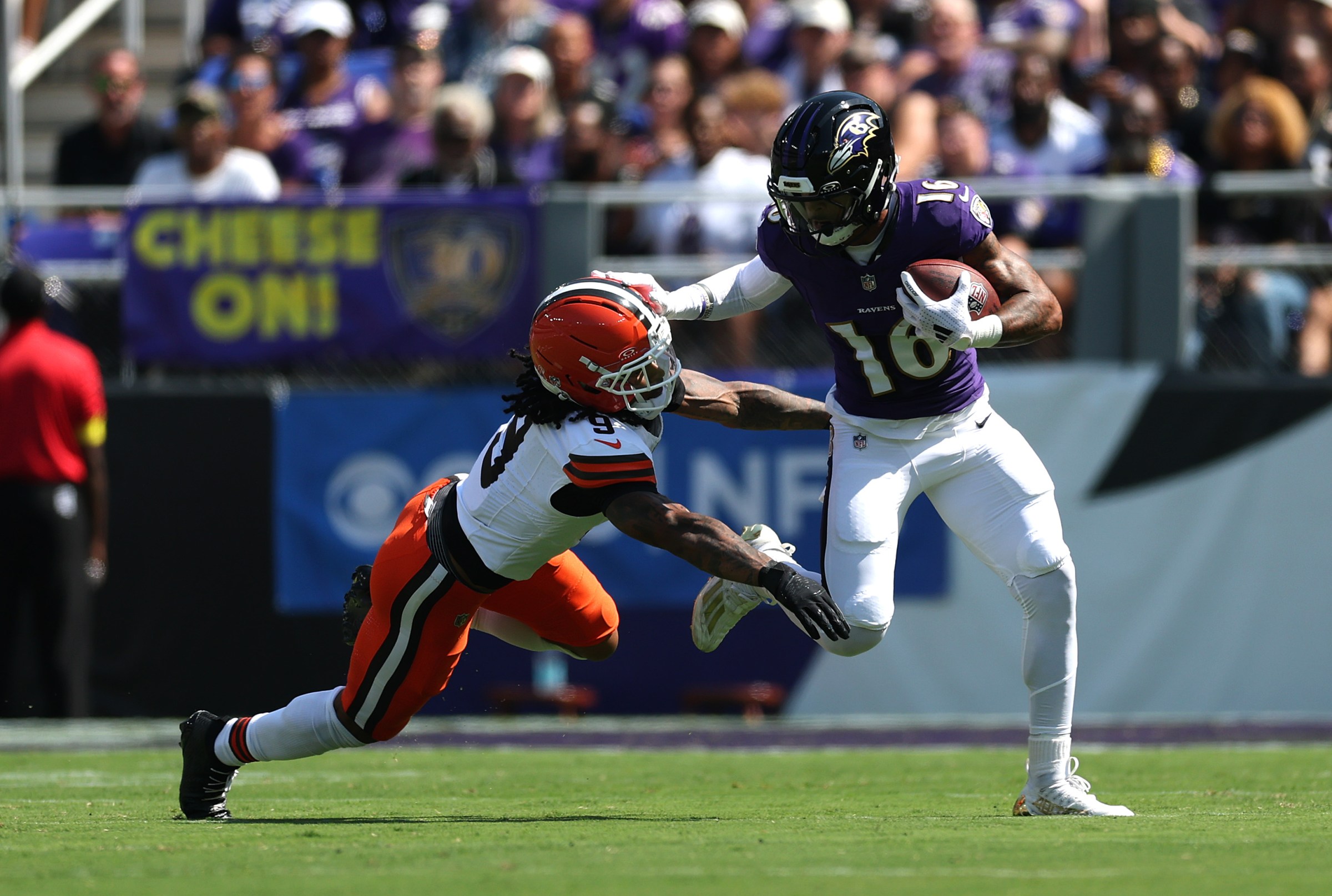 BALTIMORE, MARYLAND - SEPTEMBER 14: Tylan Wallace #16 of the Baltimore Ravens is tackled by Grant Delpit #9 of the Cleveland Browns during the game at M&T Bank Stadium on September 14, 2025 in Baltimore, Maryland. (Photo by Ishika Samant/Getty Images)