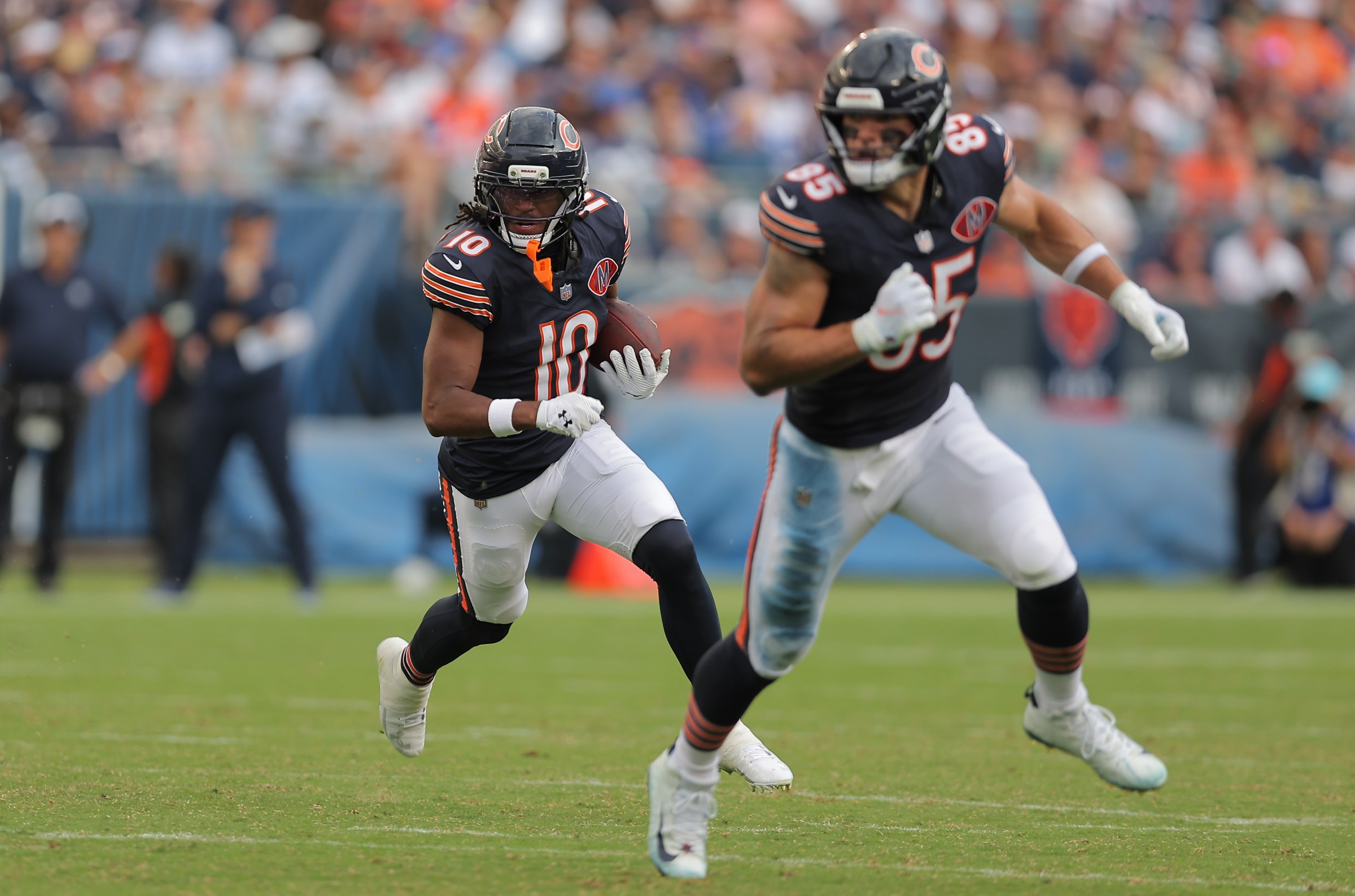 CHICAGO, IL - SEPTEMBER 21: Luther Burden III #10 of the Chicago Bears runs with the ball during the second half against the Dallas Cowboys on September 21, 2025 at Soldier Field in Chicago, Illinois. (Photo by Melissa Tamez/Icon Sportswire via Getty Images)