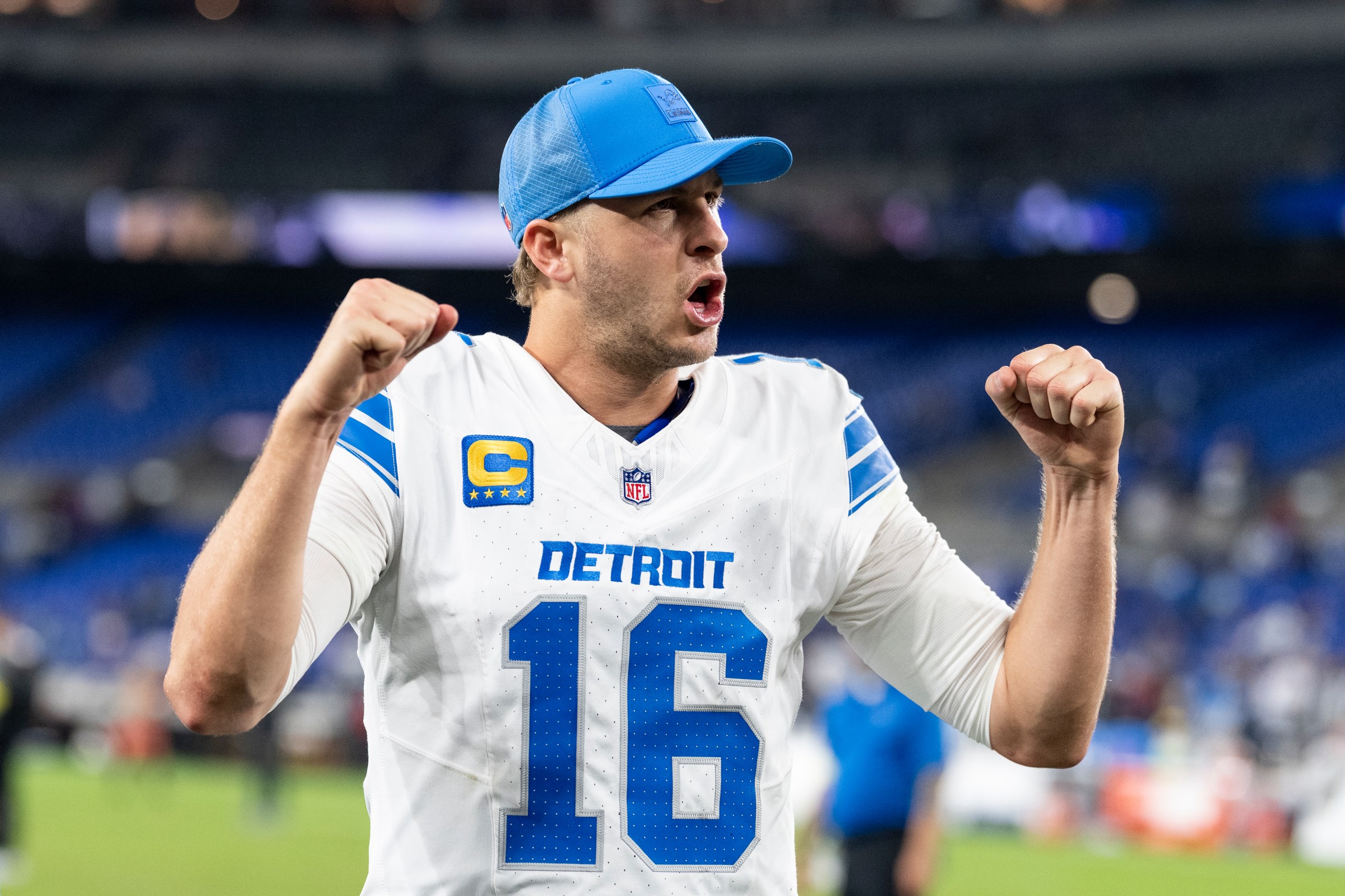 BALTIMORE, MARYLAND - SEPTEMBER 22: Jared Goff #16 of the Detroit Lions reacts as he walks off the field following an NFL football game against the Baltimore Ravens at M&T Bank Stadium on September 22, 2025 in Baltimore, Maryland. (Photo by Michael Owens/Getty Images)