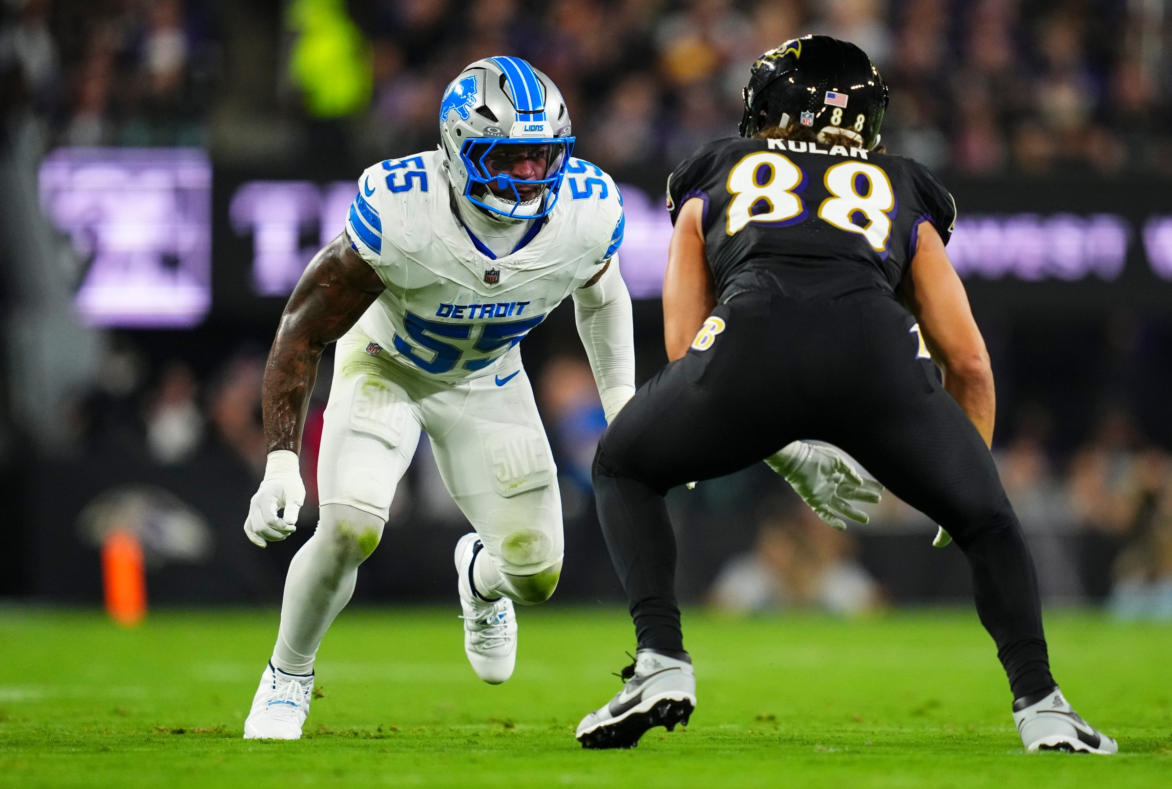 BALTIMORE, MD - SEPTEMBER 22: Derrick Barnes #55 of the Detroit Lions rushes the passer during an NFL football game against the Baltimore Ravens at M&T Bank Stadium on September 22, 2025 in Baltimore, Maryland. (Photo by Cooper Neill/Getty Images)