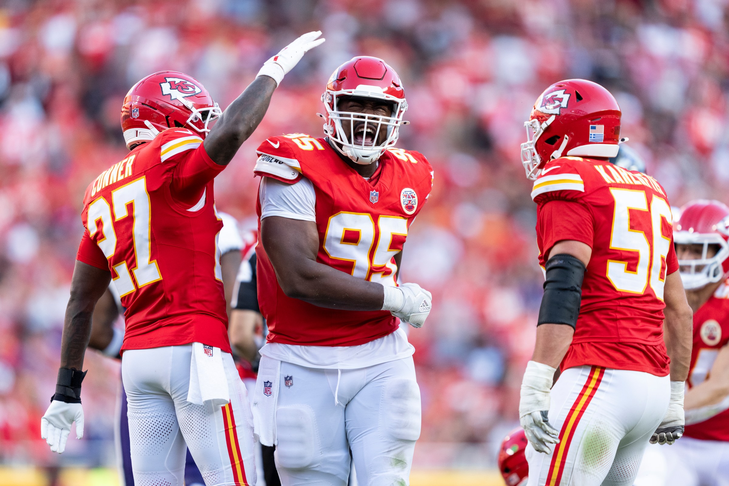 KANSAS CITY, MISSOURI - SEPTEMBER 28: Chris Jones #95 of the Kansas City Chiefs celebrates after making a sack during an NFL football game against the Baltimore Ravens at GEHA Field at Arrowhead Stadium on September 28, 2025 in Kansas City, Missouri. (Photo by Michael Owens/Getty Images)