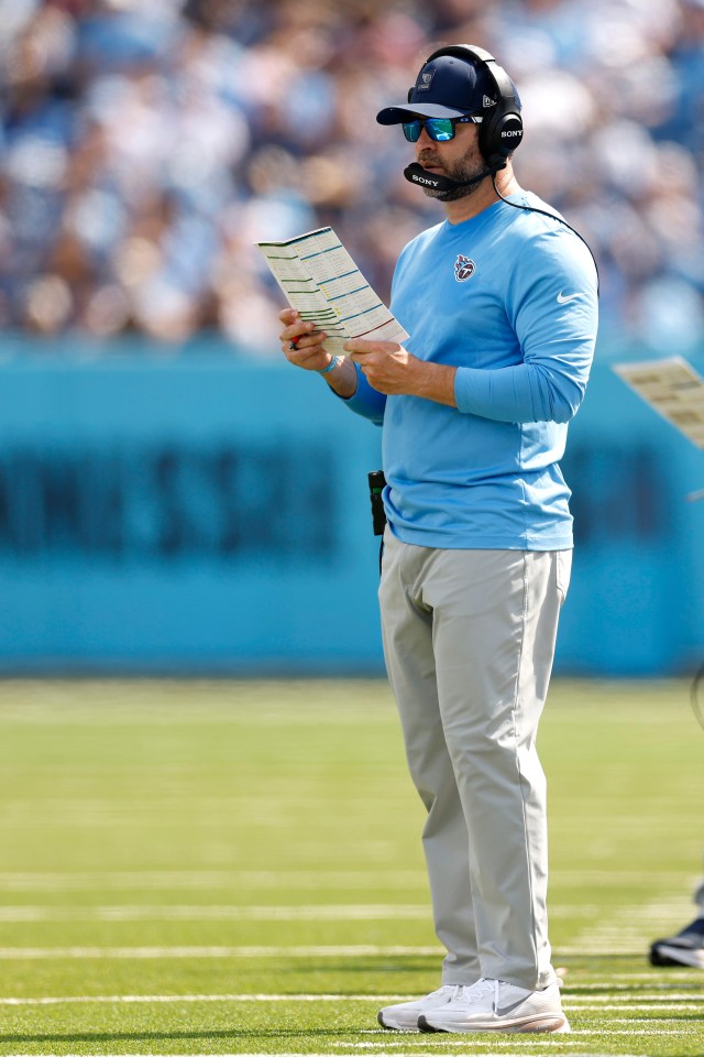 Head coach Brian Callahan of the Tennessee Titans watching the game at Nissan Stadium.