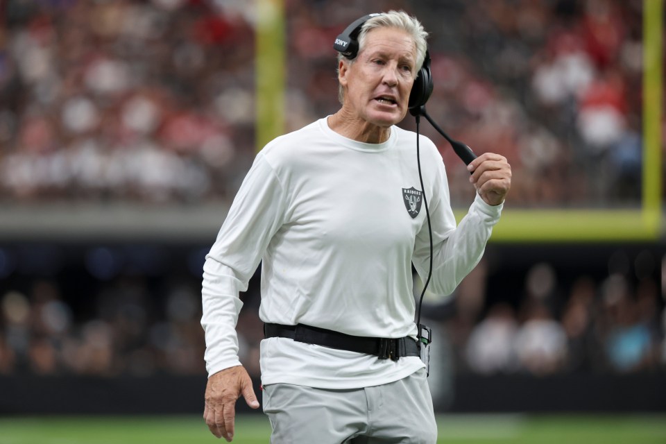 Pete Carroll, head coach of the Las Vegas Raiders, during a game.