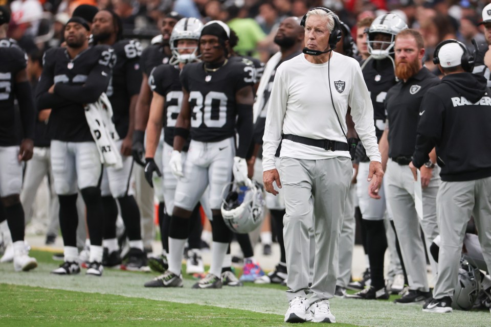 Pete Carroll, head coach of the Las Vegas Raiders, on the sidelines during a game.