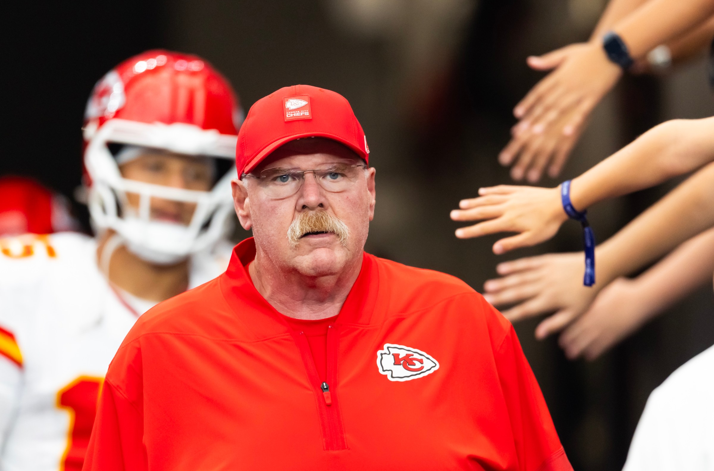 Aug 9, 2025; Glendale, Arizona, USA; Kansas City Chiefs head coach Andy Reid against the Arizona Cardinals during a preseason NFL game at State Farm Stadium. Mandatory Credit: Mark J. Rebilas-Imagn Images