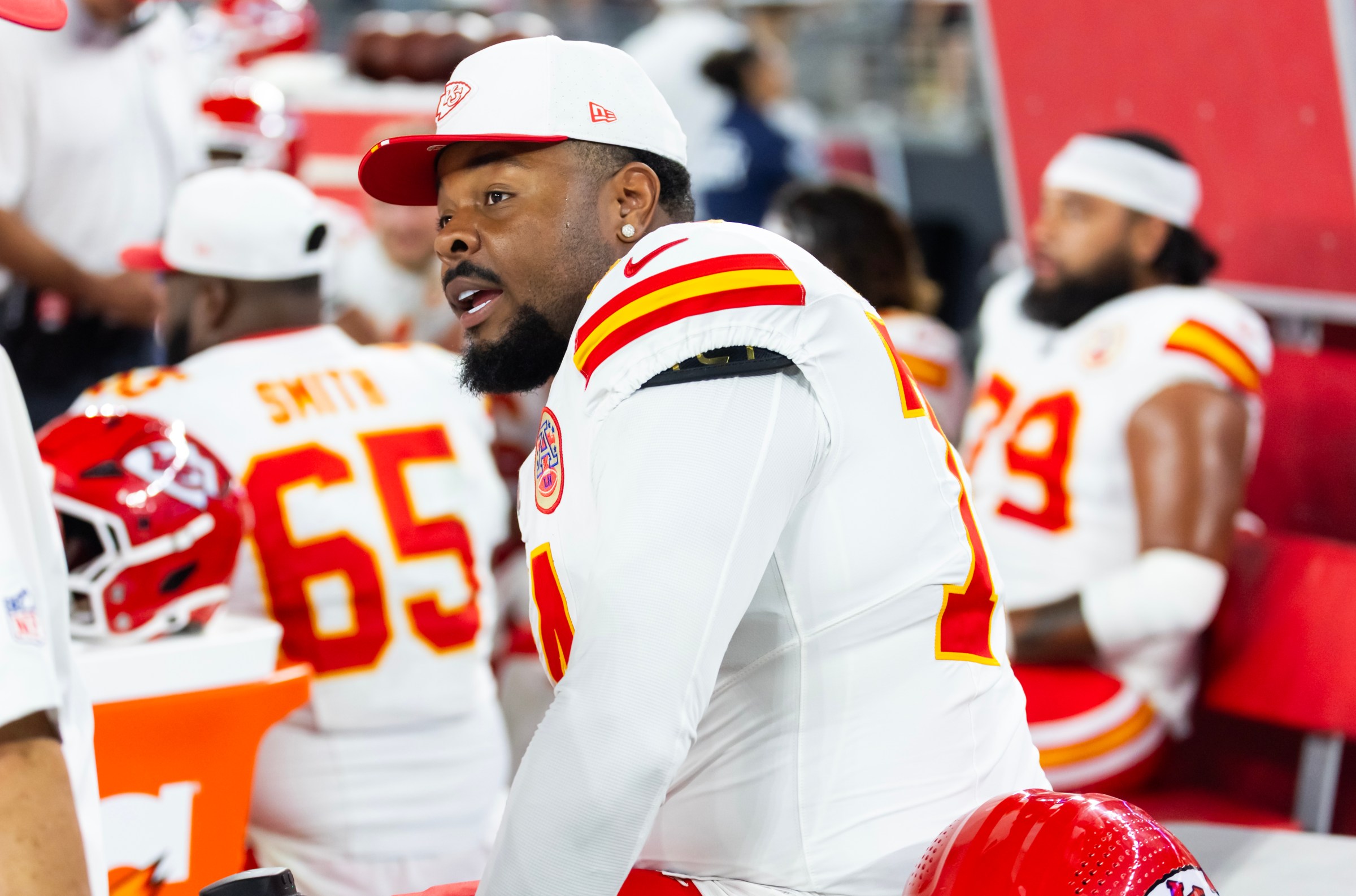 Aug 9, 2025; Glendale, Arizona, USA; Kansas City Chiefs offensive tackle Jawaan Taylor (74) against the Arizona Cardinals during a preseason NFL game at State Farm Stadium. Mandatory Credit: Mark J. Rebilas-Imagn Images