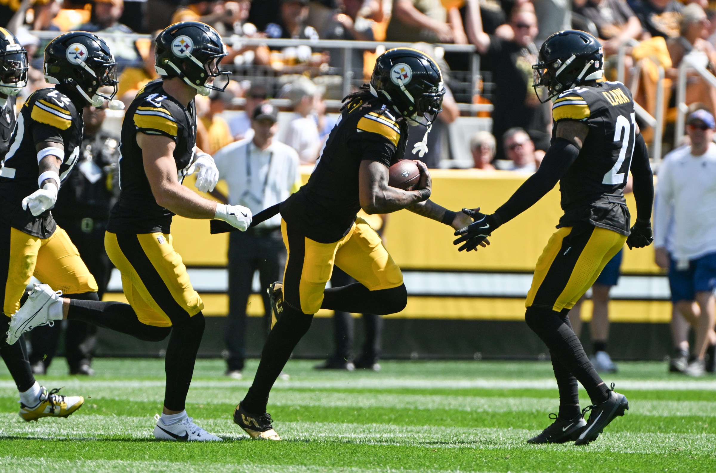 Sep 14, 2025; Pittsburgh, Pennsylvania, USA; Pittsburgh Steelers cornerback Jalen Ramsey (5) celebrates an interception with safety Chuck Clark (21) against the Seattle Seahawks during the first half at Acrisure Stadium. Mandatory Credit: Barry Reeger-Imagn Images