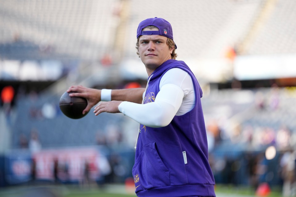 J.J. McCarthy #9 of the Minnesota Vikings warming up before a game.