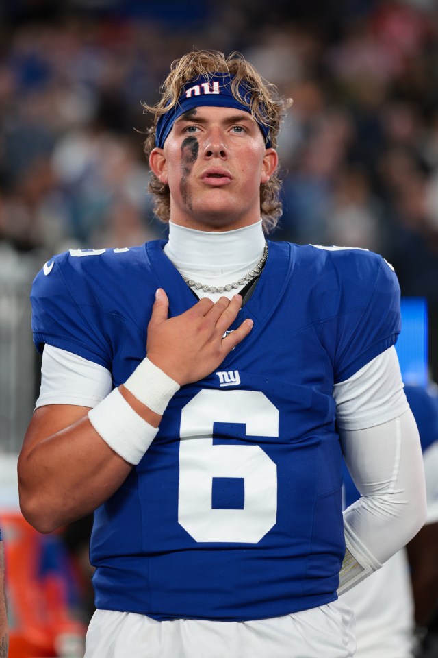 Jaxson Dart #6 of the New York Giants during the national anthem.