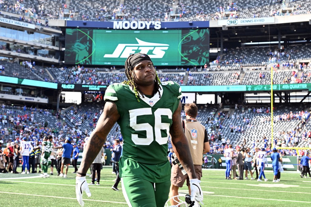 Quincy Williams walks off the field after the Jets-Bills game on Sept. 14, 2025. 