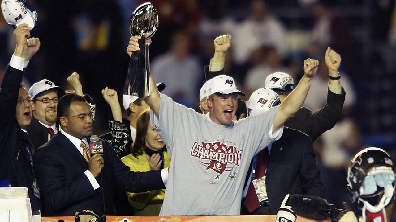 Tampa Bay Buccaneers head coach Jon Gruden celebrates his team's Super Bowl XXXVII victory against the Oakland Raiders in San Diego, Calif. on Jan. 26, 2003. (Getty Images/Ezra Shaw)