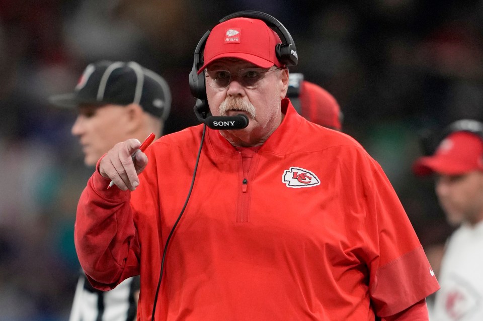 Andy Reid, head coach of the Kansas City Chiefs, coaching during a game.