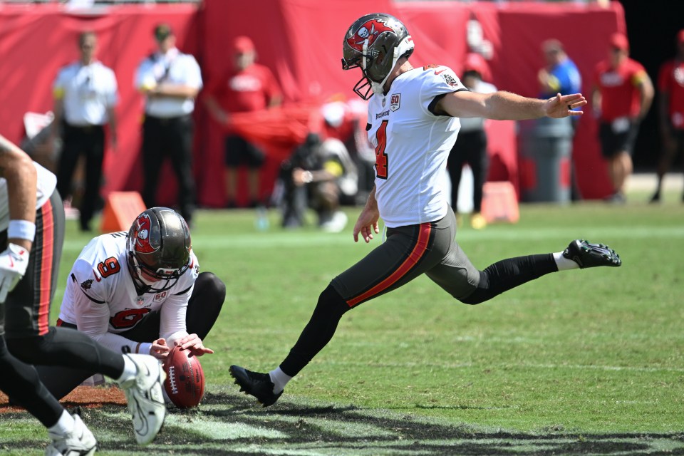 Tampa Bay Buccaneers kicker Chase McLaughlin (4) kicking a field goal during an NFL football game.