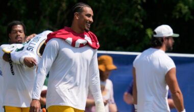 Green Bay Packers quarterback Jordan Love watches during an NFL football joint training camp with the Indianapolis Colts, Thursday, Aug. 14, 2025, in Westfield, Westfield, Ind. (AP Photo/Darron Cummings)