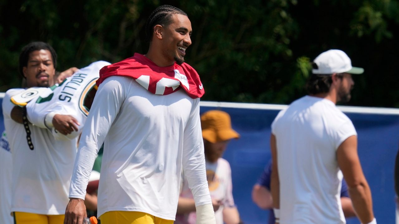 Green Bay Packers quarterback Jordan Love watches during an NFL football joint training camp with the Indianapolis Colts, Thursday, Aug. 14, 2025, in Westfield, Westfield, Ind. (AP Photo/Darron Cummings)