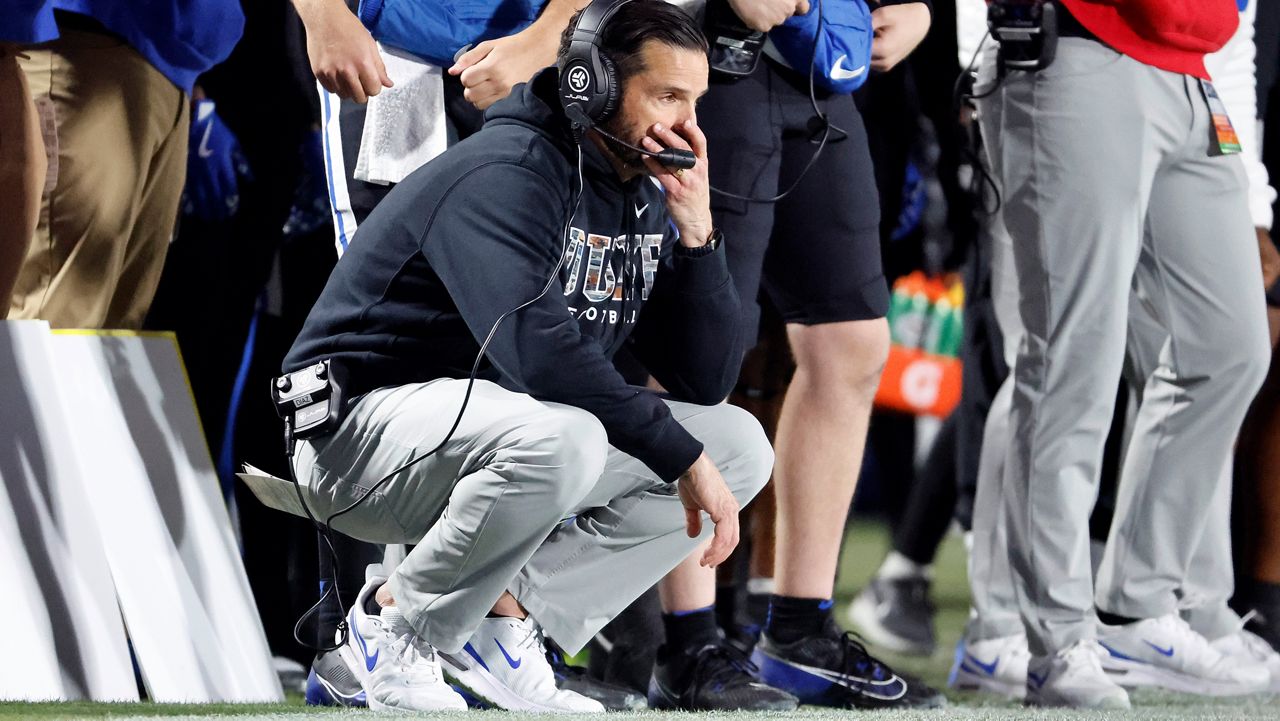 Duke head coach Manny Diaz watches from the sideline against Virginia Tech during an NCAA college football game in Durham, N.C., Saturday, Nov. 23, 2024. (AP File Photo/Karl B. DeBlaker)