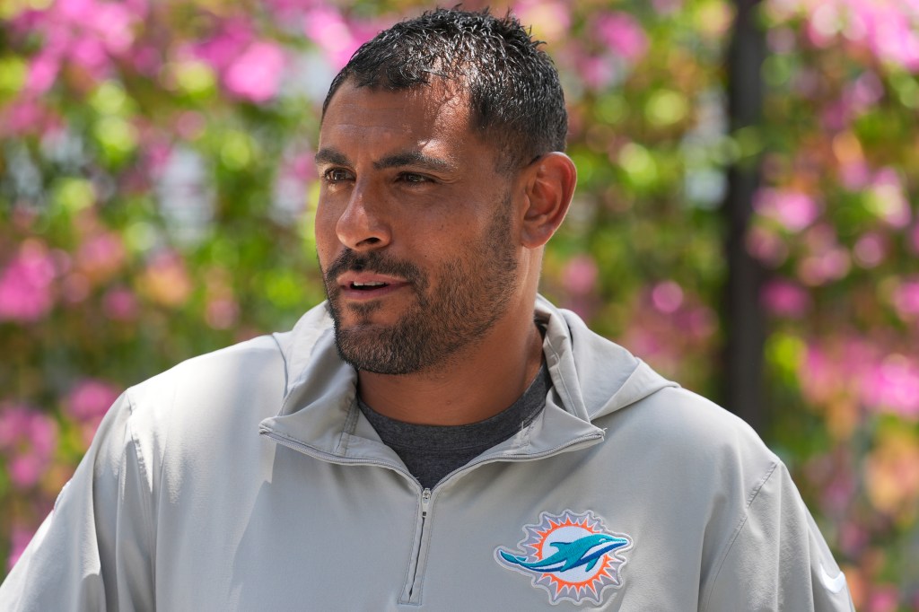 Miami Dolphins outside linebackers coach Ryan Crow speaks after a practice at the team's practice facility on June 5, 2024, in Miami Gardens, Fla. 