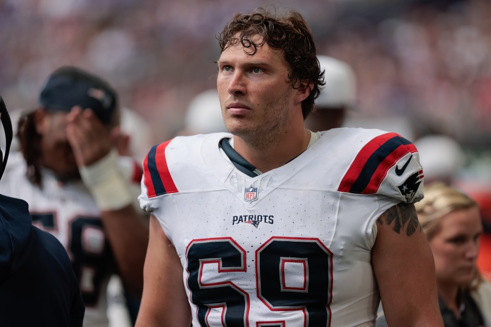 Cole Strange, New England Patriots guard #69, during a preseason game.
