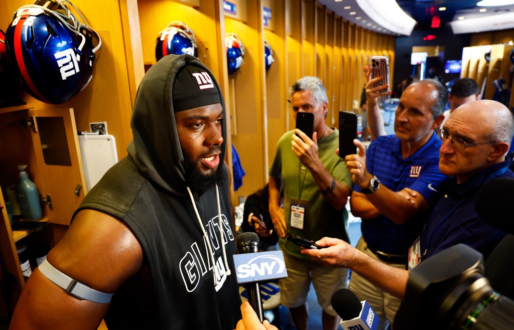 New York Giants offensive tackle Andrew Thomas at a press conference.