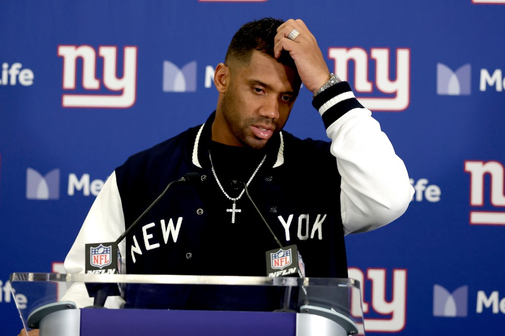 Russell Wilson speaks to the media after the Giants-Chiefs game on Sept. 21, 2025. 