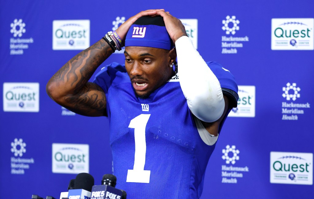 New York Giants wide receiver Malik Nabers at a press conference.