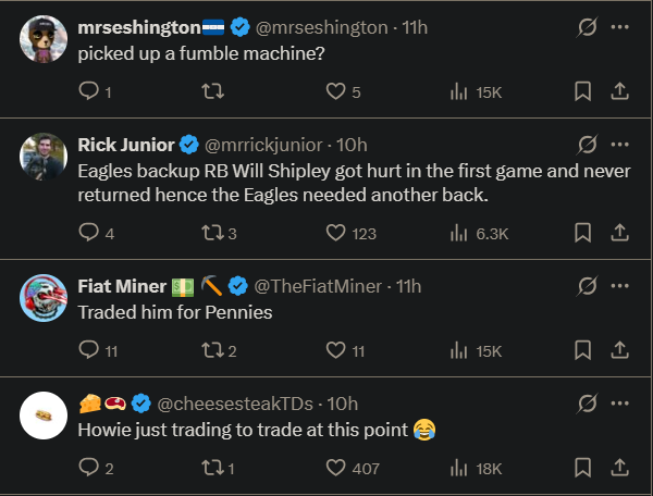 (Comments via X post on RB Tank Bigsby) NFL-PHILA-2025