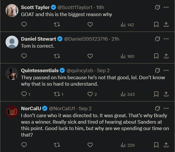 (Comments via X post on Tom Brady and Shedeur Sanders) NFL-SHEDEUR-2025