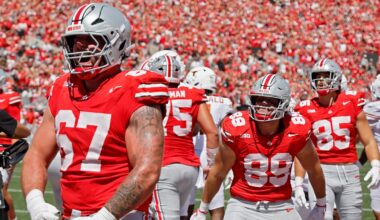 Ohio State offensive lineman Austin Siereveld, left, and tight end Will Kacmarek celebrate their touchdown against Texas during the first half of an NCAA college football game, Saturday, Aug. 30, 2025, in Columbus, Ohio.