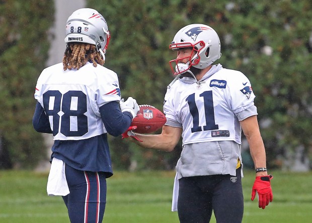 FOXBOROUGH, MA. - OCTOBER 28: Kristian Wilkerson #88 and Julian Edelman #11 of the New England Patriots during practice at Gillette Stadium on October 28, 2020 in Foxborough, Massachusetts. (Staff Photo By Matt Stone/ MediaNews Group/Boston Herald)