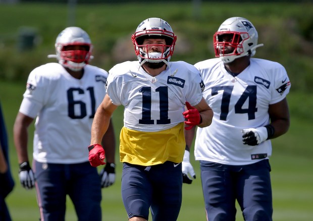 FOXBORO MA. - SEPTEMBER 25: New England Patriots wide receiver Julian Edelman runs through a drill during practice at Gillette Stadium on September 25, 2019 in Foxboro, MA. (Staff Photo By Nancy Lane/MediaNews Group/Boston Herald)