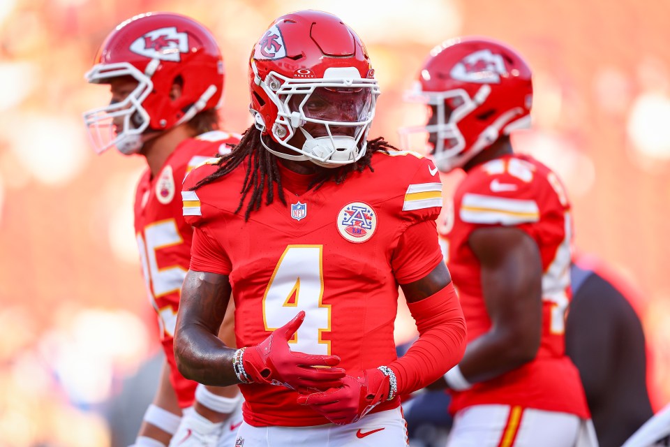 Rashee Rice #4 of the Kansas City Chiefs in pregame warmups.