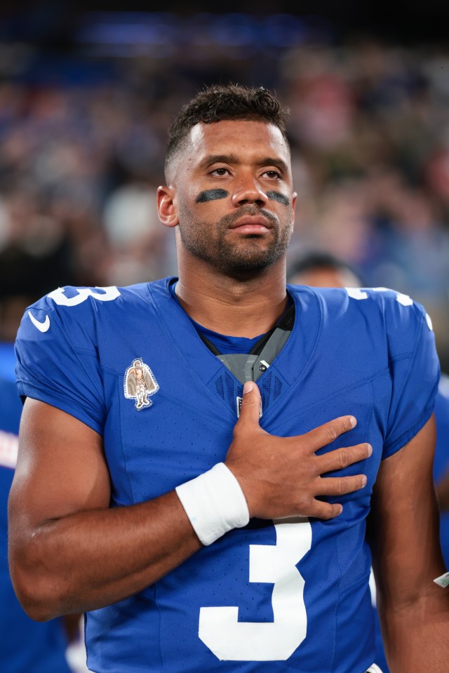 Russell Wilson #3 of the New York Giants during the national anthem.