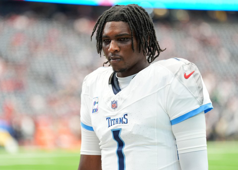 Tennessee Titans quarterback Cam Ward wearing number 1 on his jersey.