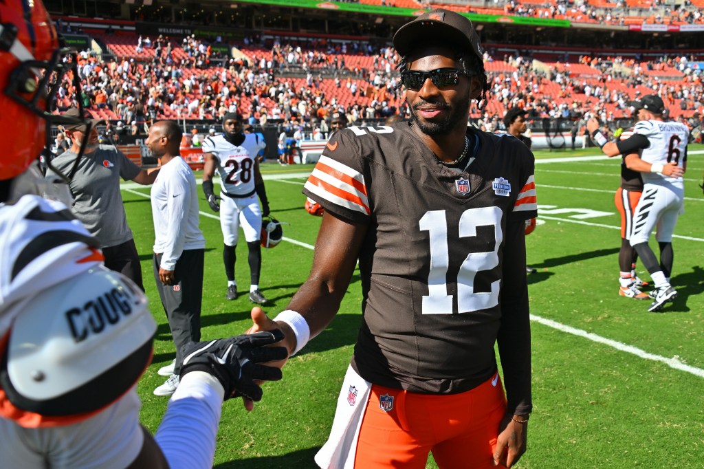 Shedeur Sanders on the field after the Browns' Week 1 loss to the Bengals on Sept. 7, 2025.
