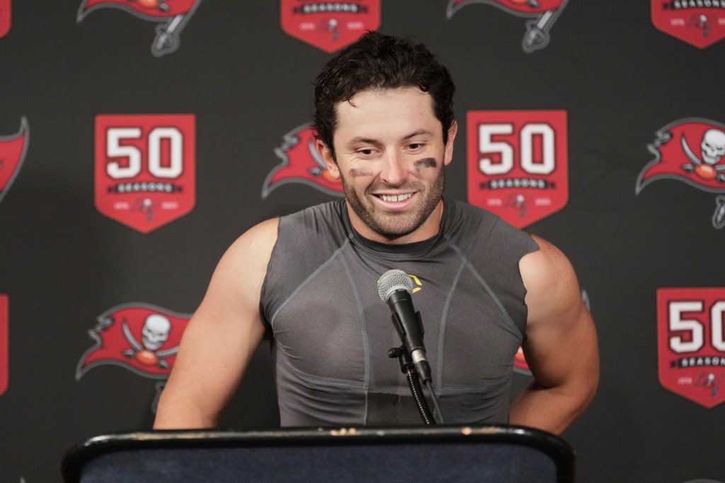Baker Mayfield speaks to the media after the Buccaneers-Texans game on Sept. 15, 2025.