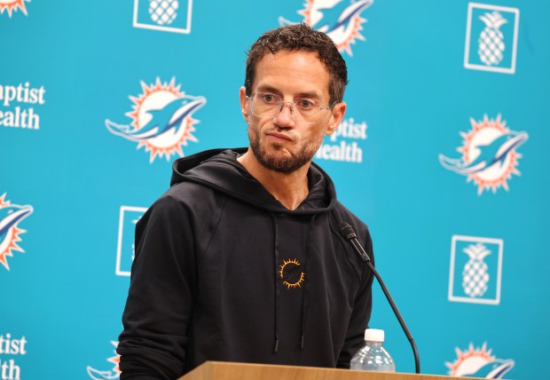 Miami Dolphins head coach Mike McDaniel speaks before practice at the Baptist Health Training Complex in Miami Gardens on Wednesday, Sept. 10, 2025. (Carline Jean/South Florida Sun Sentinel)