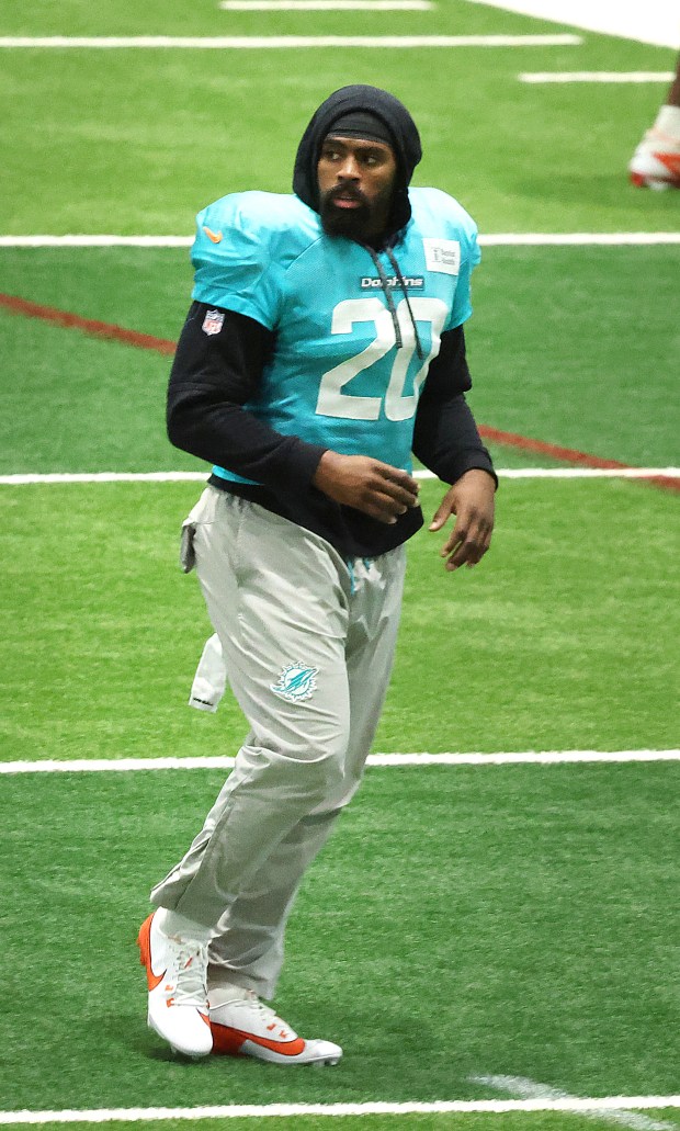 Miami Dolphins linebacker Jordyn Brooks during practice at the Baptist...